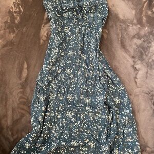 RVCA Blue and White Smocked Sundress with Sweetheart Neckline